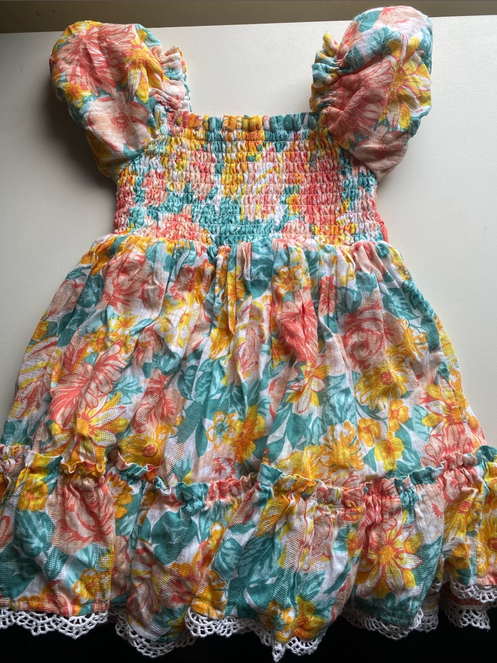Joie Floral Smocked Puff-Sleeve Dress - Coral, Yellow & Teal